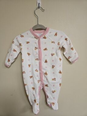 Ralph Lauren Bear Cotton Footed Coverall Pink Striped Trim Newborn